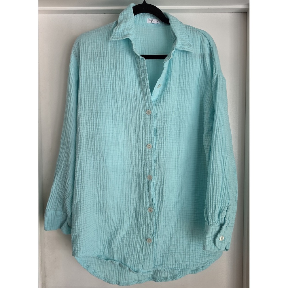 Vitamin A Women's Blouse M Blue Cotton Long Sleeve Gauzy Resortwear Beach